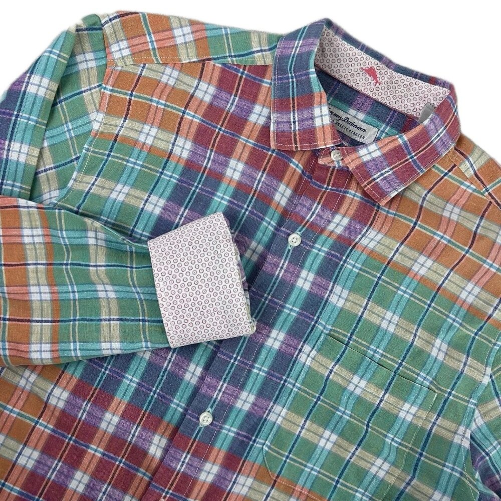 Tommy Bahama Barbados Breeze Stretch Linen Shirt Mens X-Large Peach Melt Plaid - Picture 6 of 7